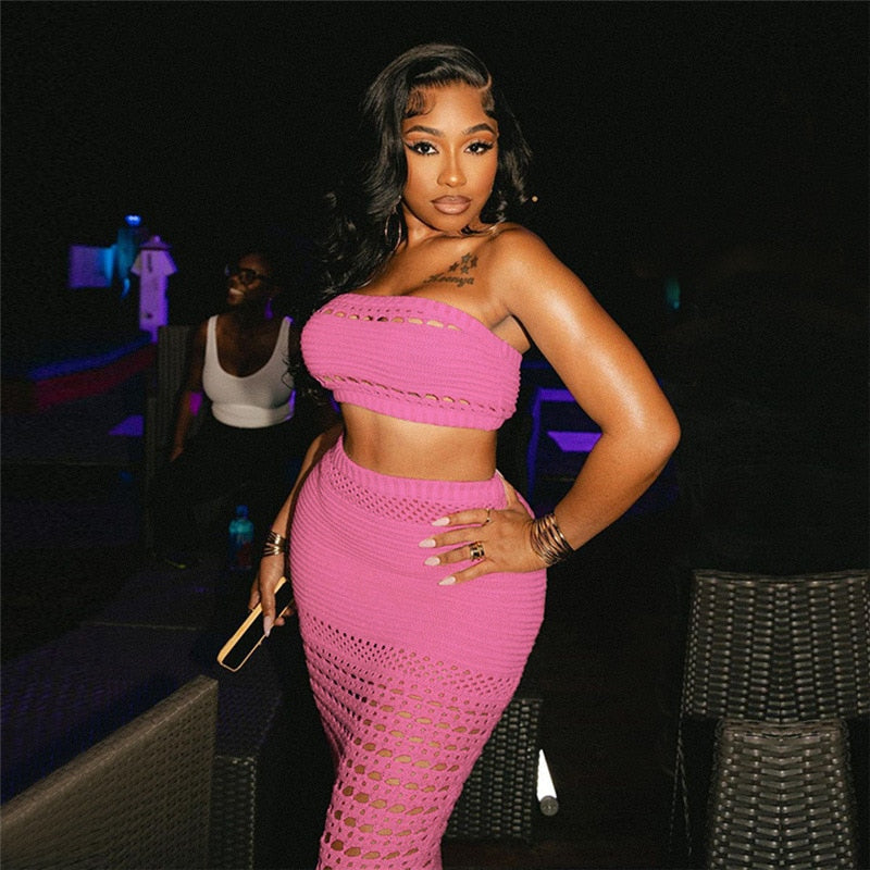 Europe station new 2024 Amazon summer European and American Women's knitted tube top slim sexy long skirt suit