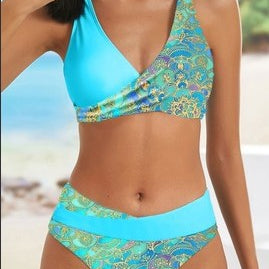 European And American Hollow Split Print Stitching Swimsuit Blue