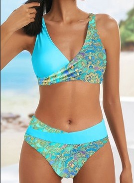 European And American Hollow Split Print Stitching Swimsuit Blue