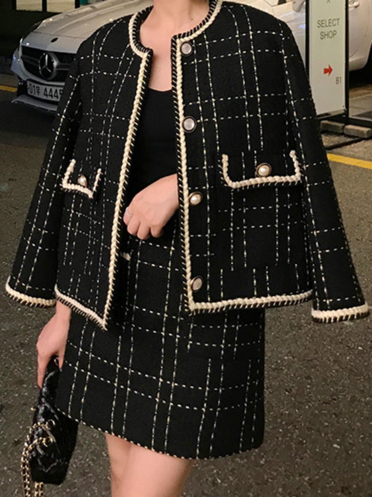 European Style Autumn Winter 2 Piece Set Women Short Woolen Tweed Jacket Coat & Bodycon Mini Skirt Set Women Two Piece Outfits Black