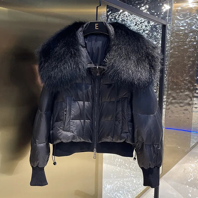 European Version 2024 Winter New Light Luxury All-match Big Fur Collar Loose Women's Long-Sleeved Bread Korean Version Down Jack Black