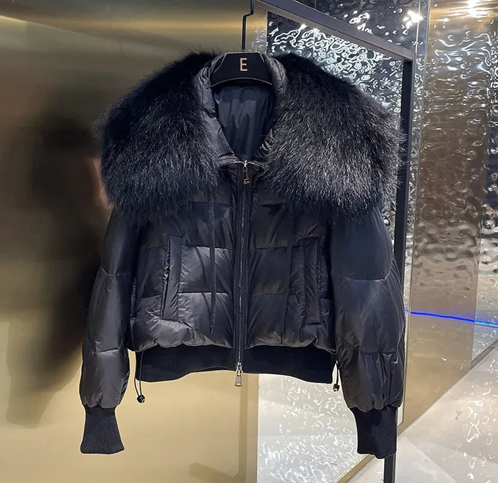 European Version 2024 Winter New Light Luxury All-match Big Fur Collar Loose Women's Long-Sleeved Bread Korean Version Down Jack Black