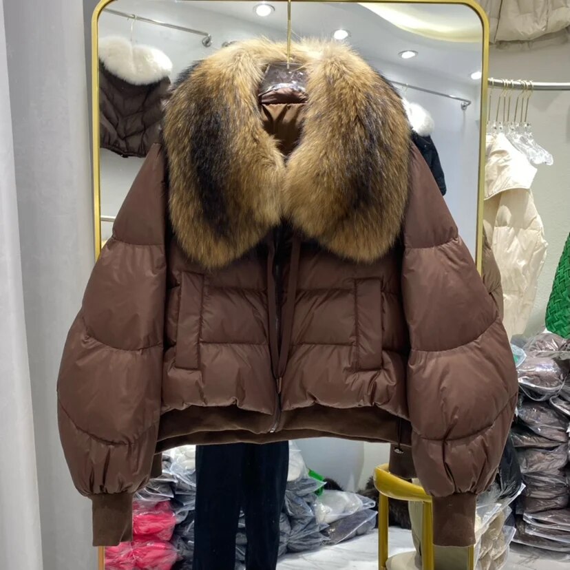 European Version 2024 Winter New Light Luxury All-match Big Fur Collar Loose Women's Long-Sleeved Bread Korean Version Down Jack Brown 3
