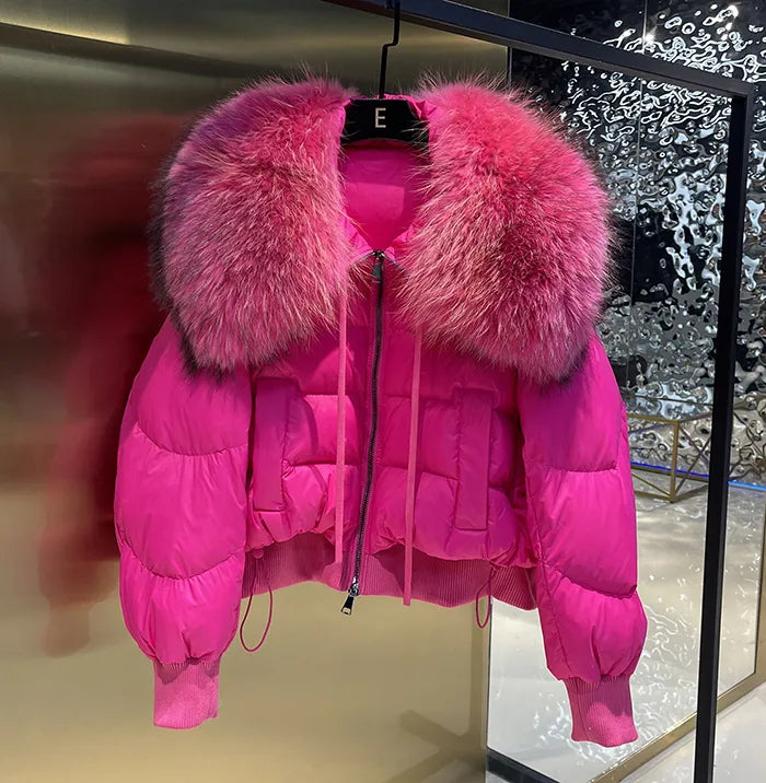 European Version 2024 Winter New Light Luxury All-match Big Fur Collar Loose Women's Long-Sleeved Bread Korean Version Down Jack Rose