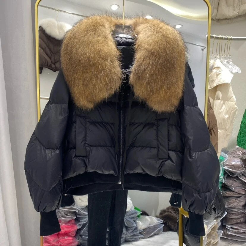 European Version 2024 Winter New Light Luxury All-match Big Fur Collar Loose Women's Long-Sleeved Bread Korean Version Down Jack Black 3