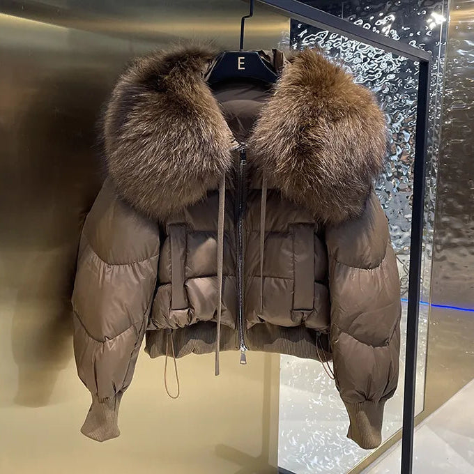European Version 2024 Winter New Light Luxury All-match Big Fur Collar Loose Women's Long-Sleeved Bread Korean Version Down Jack dark brown