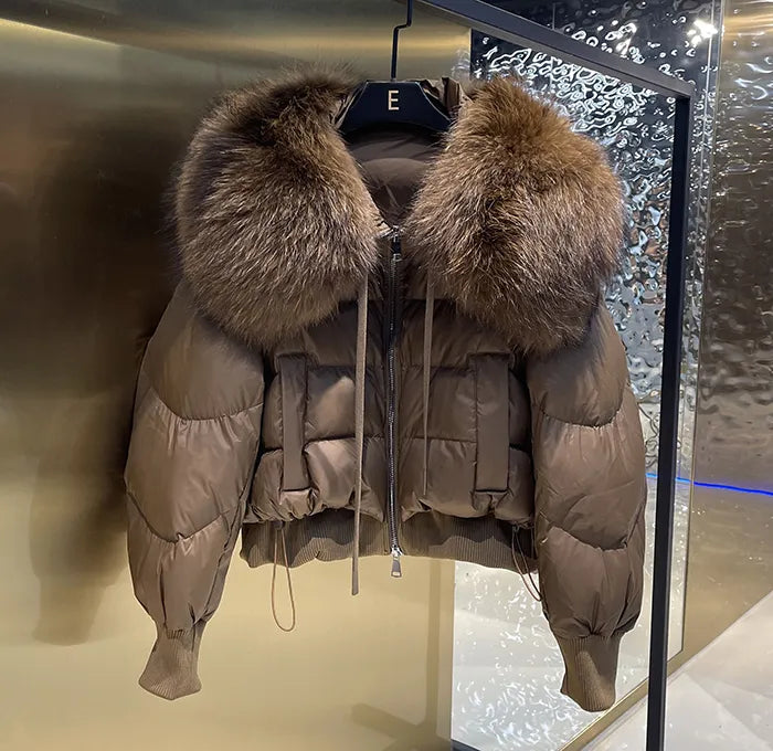 European Version 2024 Winter New Light Luxury All-match Big Fur Collar Loose Women's Long-Sleeved Bread Korean Version Down Jack dark brown
