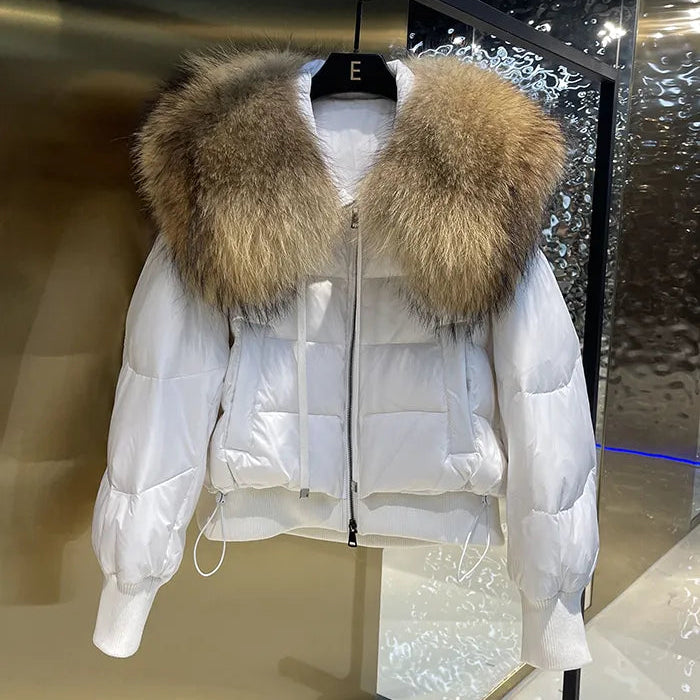 European Version 2024 Winter New Light Luxury All-match Big Fur Collar Loose Women's Long-Sleeved Bread Korean Version Down Jack White