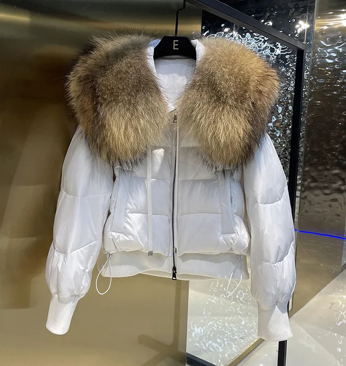 European Version 2024 Winter New Light Luxury All-match Big Fur Collar Loose Women's Long-Sleeved Bread Korean Version Down Jack White