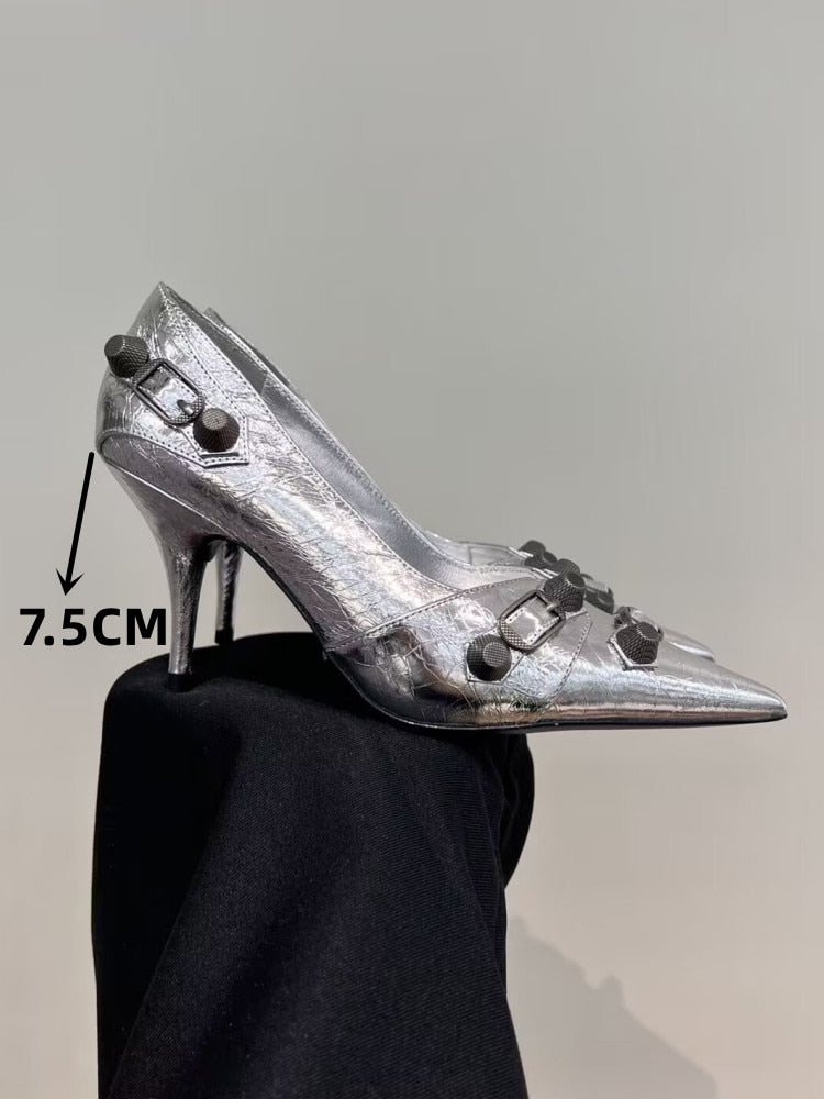 European and American Pointed Thin High-heeled Women's Single Shoe Fashion Rivets New Spring and Summer Sexy Women's Shoes 252silvery 7.5CM