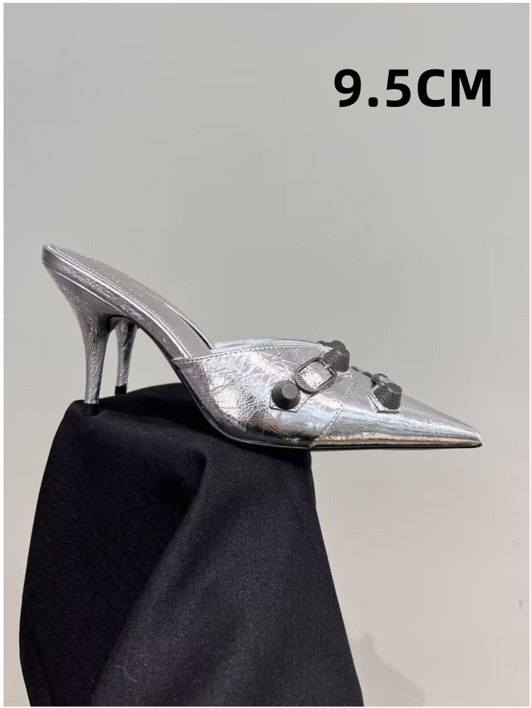 European and American Pointed Thin High-heeled Women's Single Shoe Fashion Rivets New Spring and Summer Sexy Women's Shoes 265silvery 9.5CM