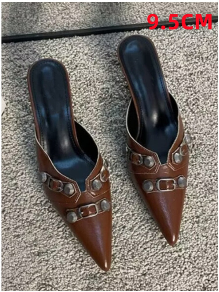European and American Pointed Thin High-heeled Women's Single Shoe Fashion Rivets New Spring and Summer Sexy Women's Shoes 265brown 9.5CM