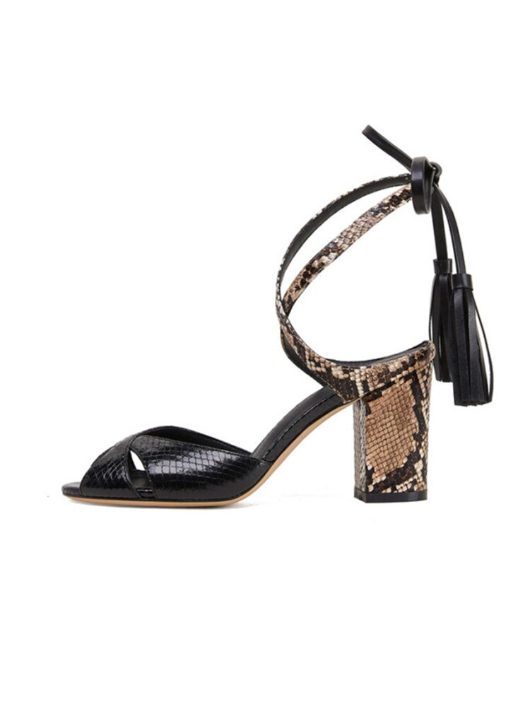 European and American Summer New Snake Shaped Round Head Sandals Thin High Heel Fish Mouth Fashion Catwalk Large Size Sandals M6005 black