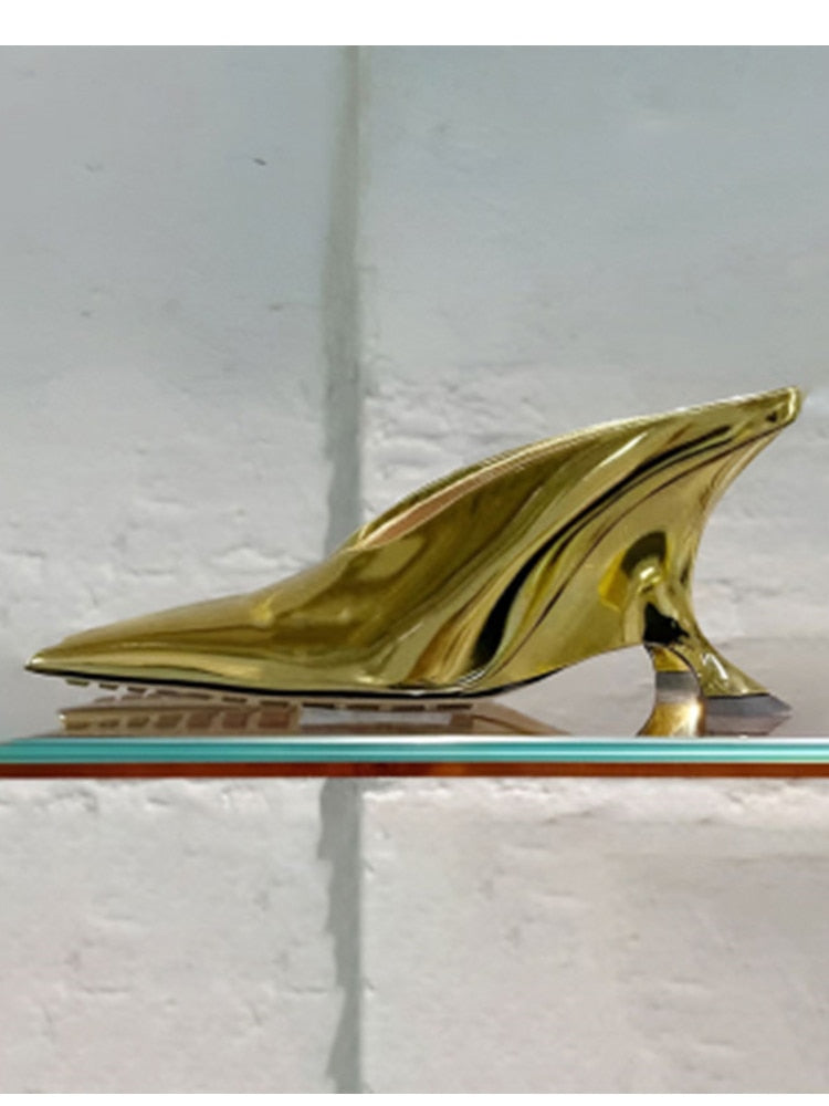 European and American Summer New Women's High Heel Muller Shoes Pointed Toe Baotou Comfortable Fashion Large Women's Sandals 510-golden