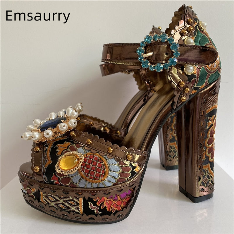 Exotic Style Embroidery Satin Wedding Shoes Woman Chunky Heel Diamond Plarform Beaded Rivet Flower Summer Sandals Women