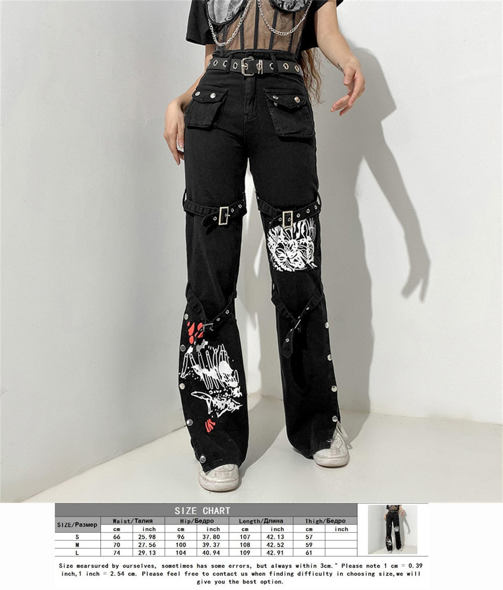Eyelet Buckle Cyber Punk Goth Baggy Jeans Y2K Woman Techwear Dark Academic Solid E Girl Cargo Pants Denim Gothic Hippie Trousers 2 no belt