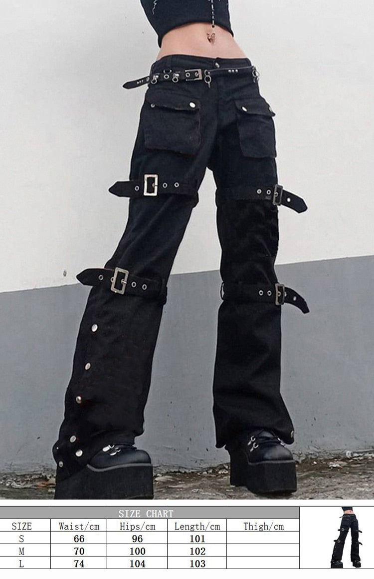 Eyelet Buckle Cyber Punk Goth Baggy Jeans Y2K Woman Techwear Dark Academic Solid E Girl Cargo Pants Denim Gothic Hippie Trousers 1 no belt