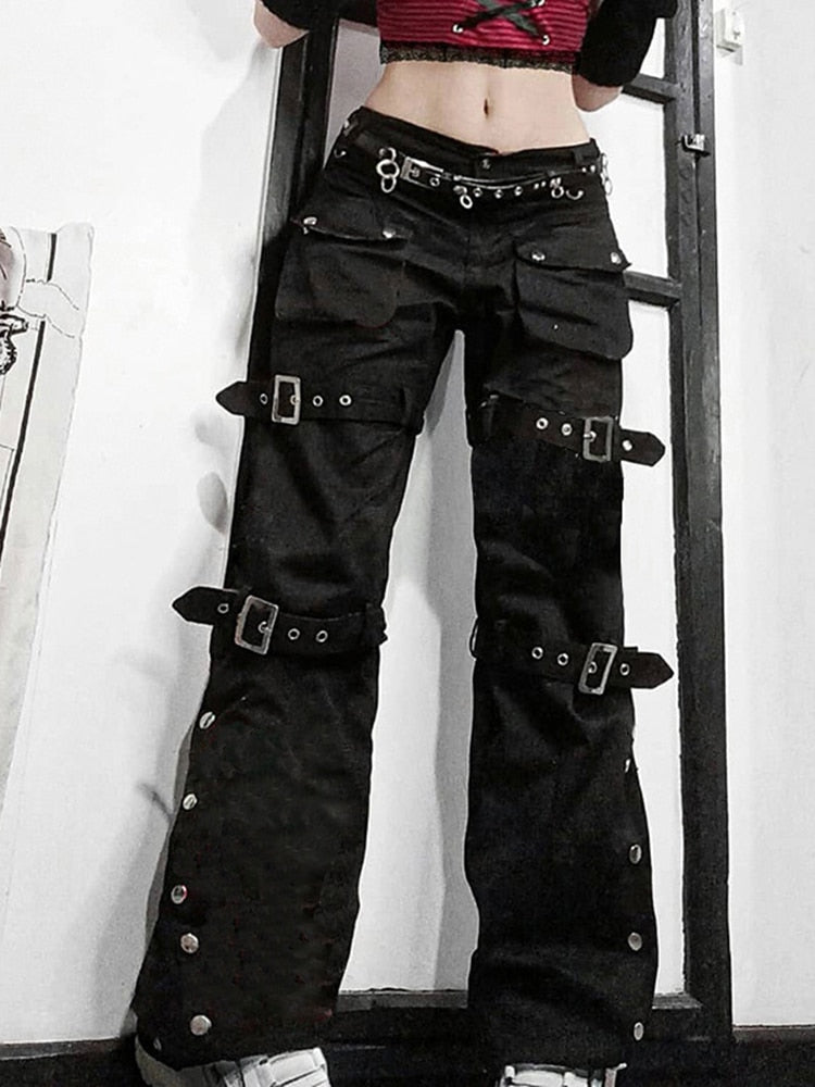 Eyelet Buckle Cyber Punk Goth Baggy Jeans Y2K Woman Techwear Dark Acad –  AMAIO