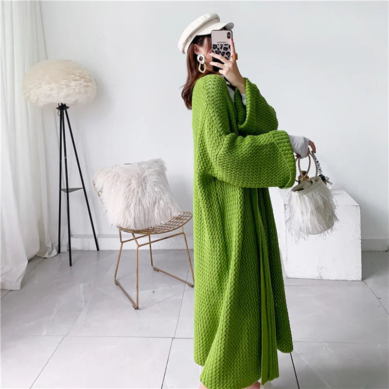 FIGOHR Casual Thick Long Knitted Cardigan Woman Plus Size Loose Plain Sweater 2023 Autumn Winter Female Coat Streetwear