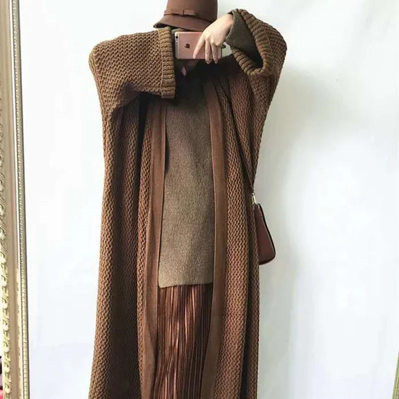 FIGOHR Casual Thick Long Knitted Cardigan Woman Plus Size Loose Plain Sweater 2023 Autumn Winter Female Coat Streetwear Caramel One Size