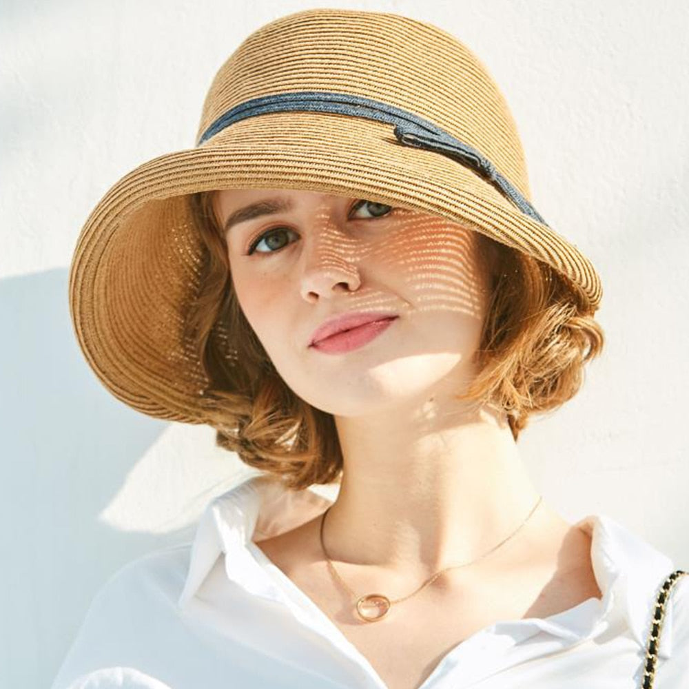 FS 2024 French Straw Bonnet Cap for Women Victorian Sun Hats Chin Strap Foldable Summer Accessories Bucket Hat Fedoras For Beach