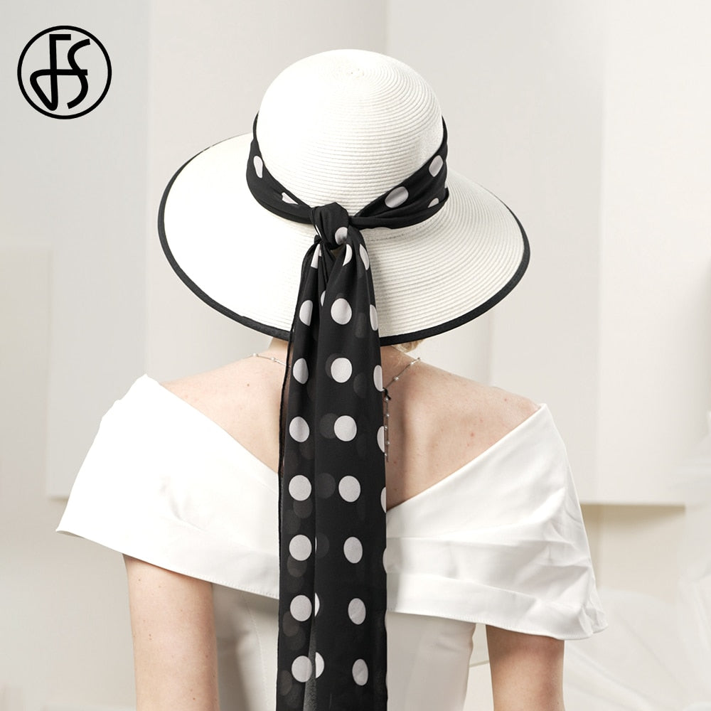 FS 2024 White Straw Hats For Women Romantic Simple Polka Dots Sun Visor Cap Ladies Wedding Church Formal Dress Fedoras Summer