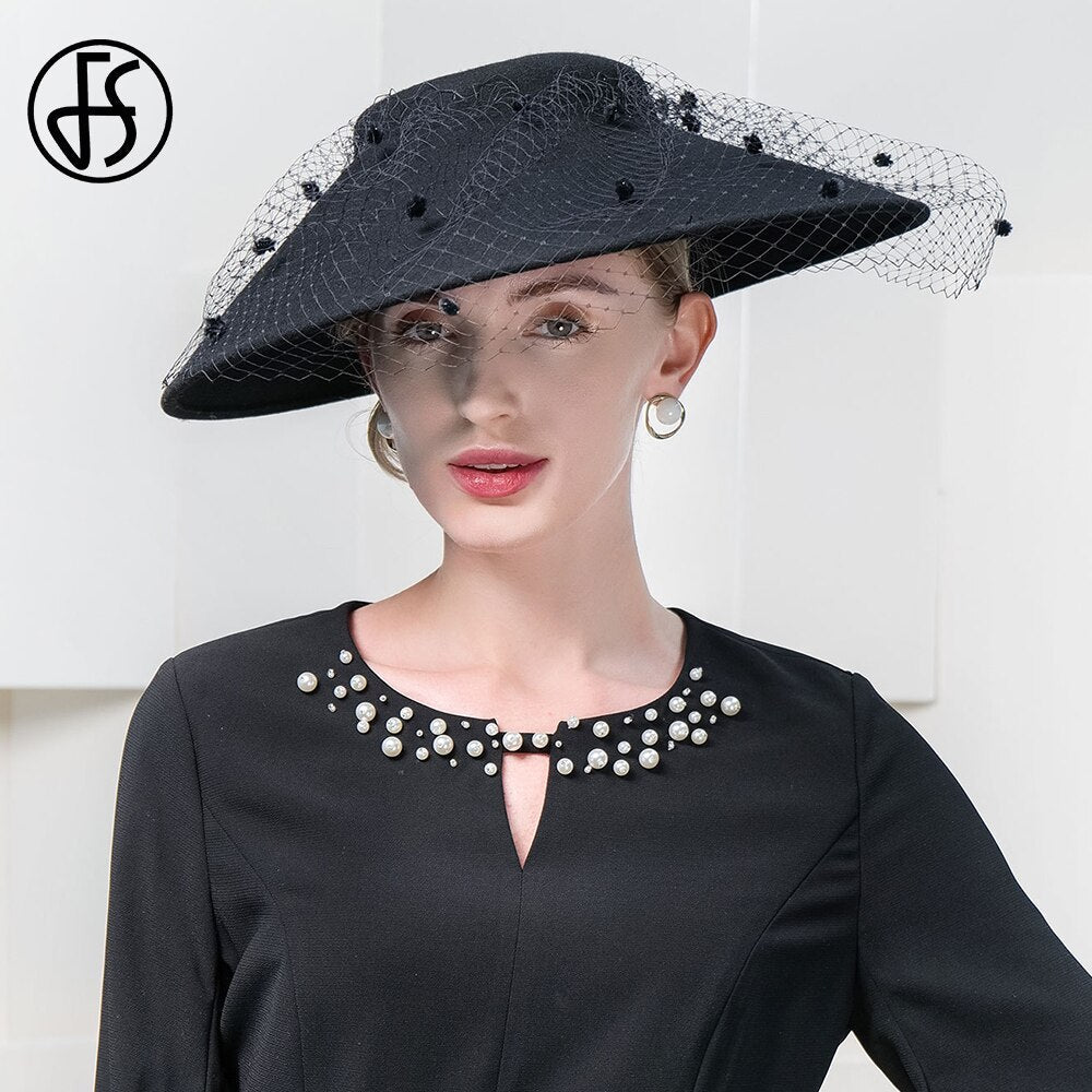 FS Elegant Church Kentucky Cap Ladies Luxury Wide Brim Black Wool Hats Fascinators For Women Cocktail Party Dress Fedoras 2024