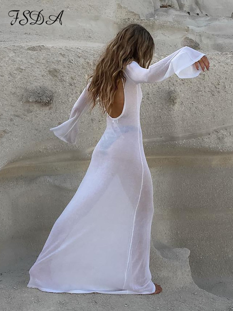FSDA Maxi Long Sleeve Women Dress Backless Club See Through Mesh 2022 Summer Sexy Party Beach Dresses Bodycon Casual