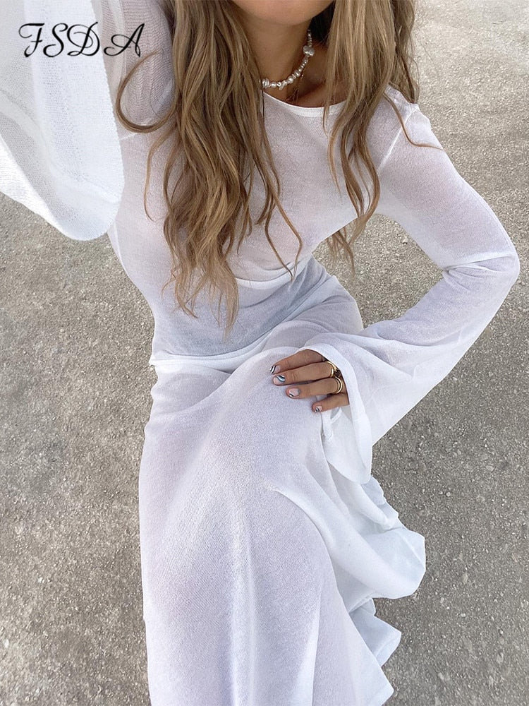 Maxi Long Sleeve Women Dress Backless Club See Through Mesh 2022 Summer Sexy Party Beach Dresses Bodycon Casual
