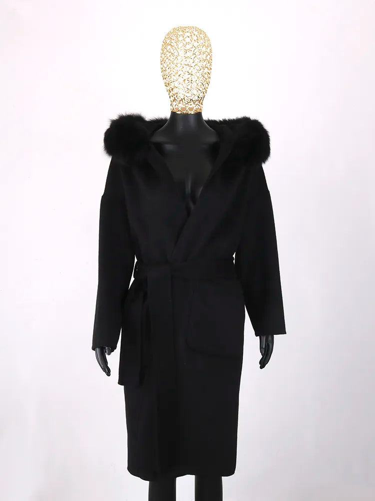 FURYOUME New Cashmere Wool Coat Real Fox Fur Collar Jacket Winter Long Fashion Loose Outerwear Wool Casaco For Women With Belt long black