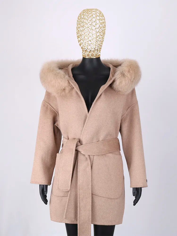 FURYOUME New Cashmere Wool Coat Real Fox Fur Collar Jacket Winter Long Fashion Loose Outerwear Wool Casaco For Women With Belt short khaki