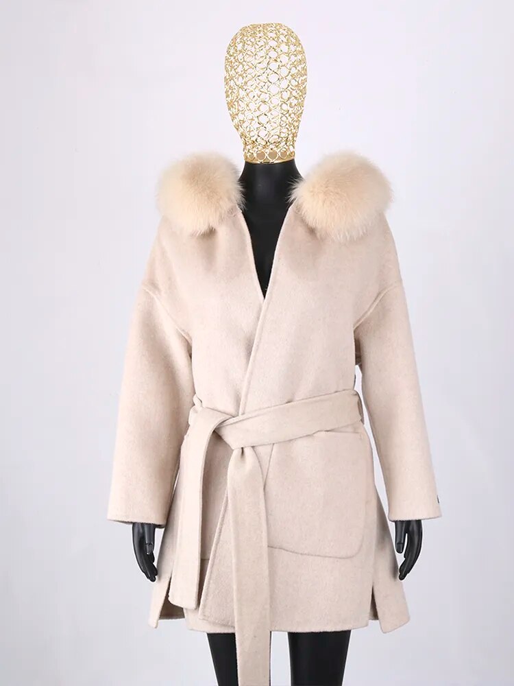 FURYOUME New Cashmere Wool Coat Real Fox Fur Collar Jacket Winter Long Fashion Loose Outerwear Wool Casaco For Women With Belt short beige