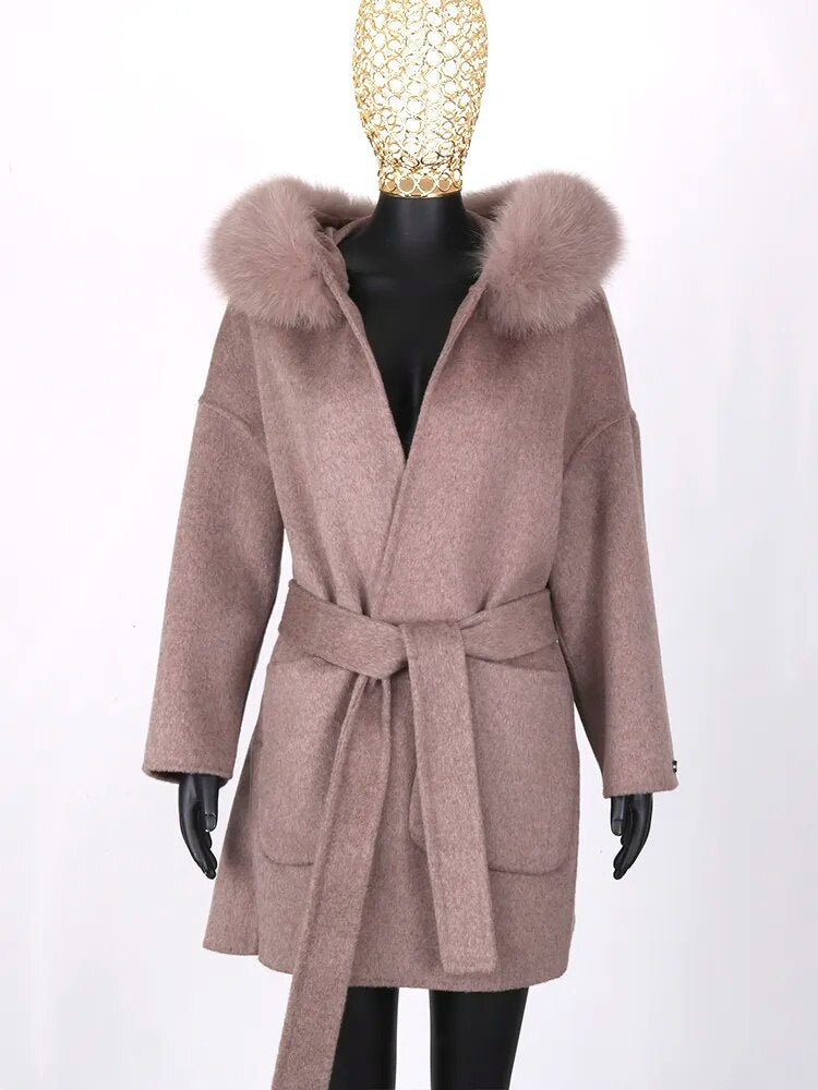 FURYOUME New Cashmere Wool Coat Real Fox Fur Collar Jacket Winter Long Fashion Loose Outerwear Wool Casaco For Women With Belt short graycoffee