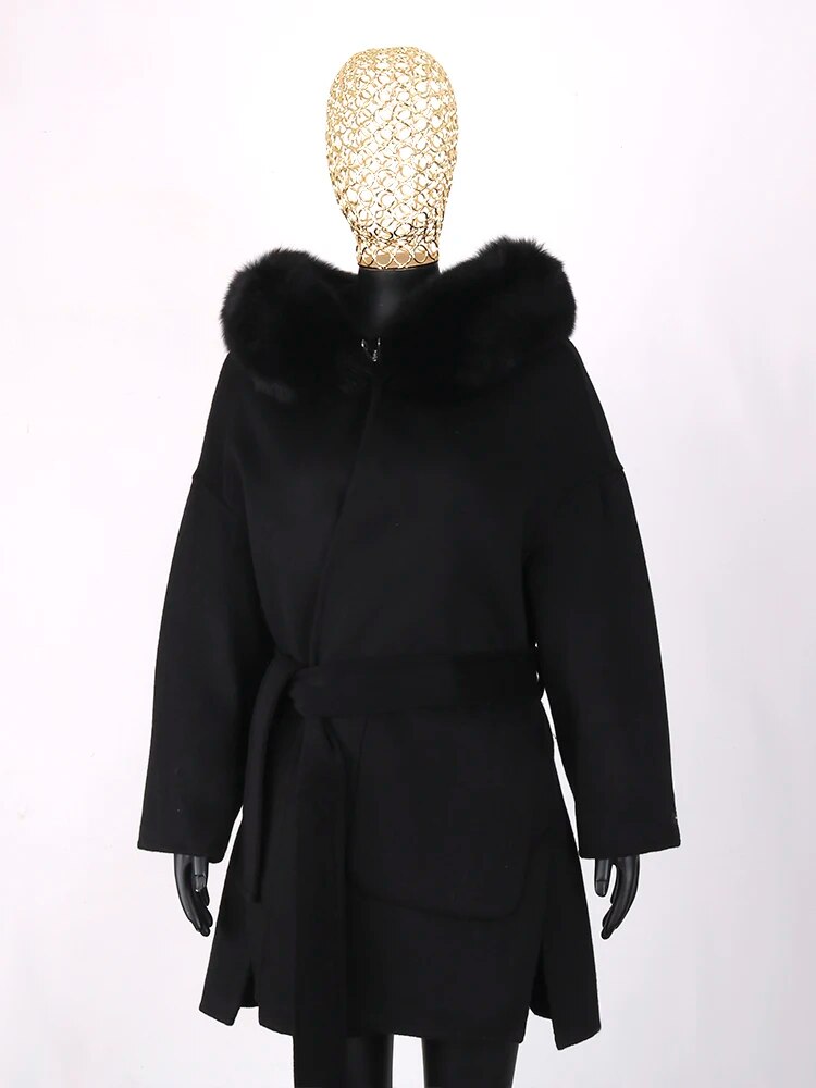 FURYOUME New Cashmere Wool Coat Real Fox Fur Collar Jacket Winter Long Fashion Loose Outerwear Wool Casaco For Women With Belt short black