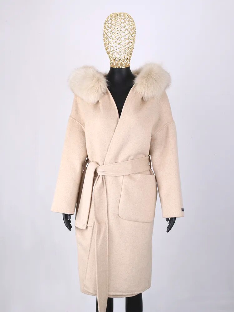 FURYOUME New Cashmere Wool Coat Real Fox Fur Collar Jacket Winter Long Fashion Loose Outerwear Wool Casaco For Women With Belt long beige