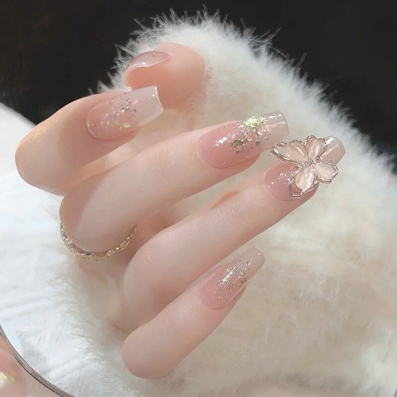 Fake Nails Sets Press on Ballet False Nails with Flower Designs Removable Acrylic Artificial Nails Glitter Nails Art Long Tips 15218