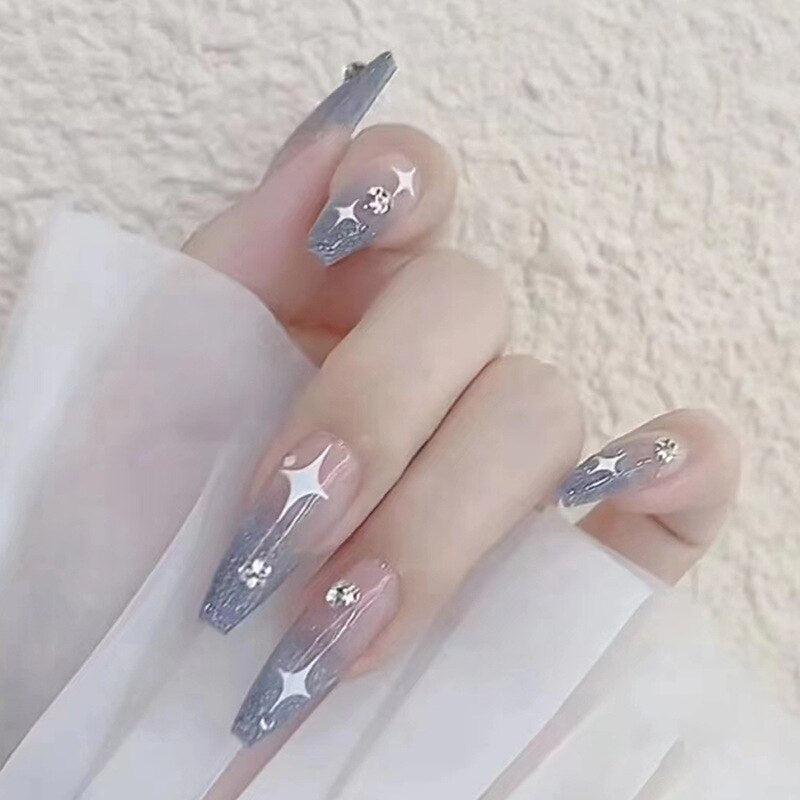 Fake Nails Sets Press on Ballet False Nails with Flower Designs Removable Acrylic Artificial Nails Glitter Nails Art Long Tips 662