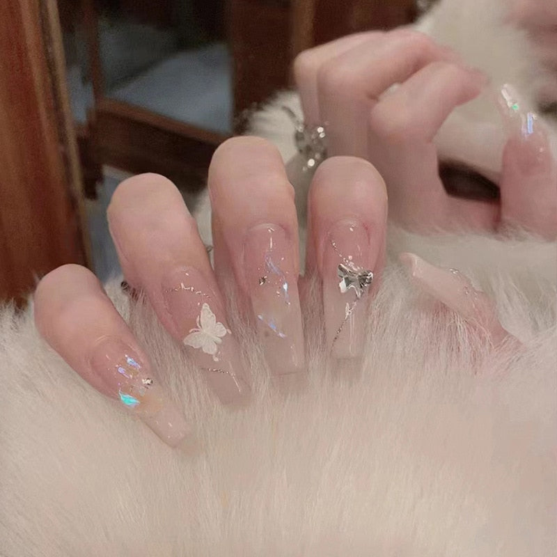 Fake Nails Sets Press on Ballet False Nails with Flower Designs Removable Acrylic Artificial Nails Glitter Nails Art Long Tips 660