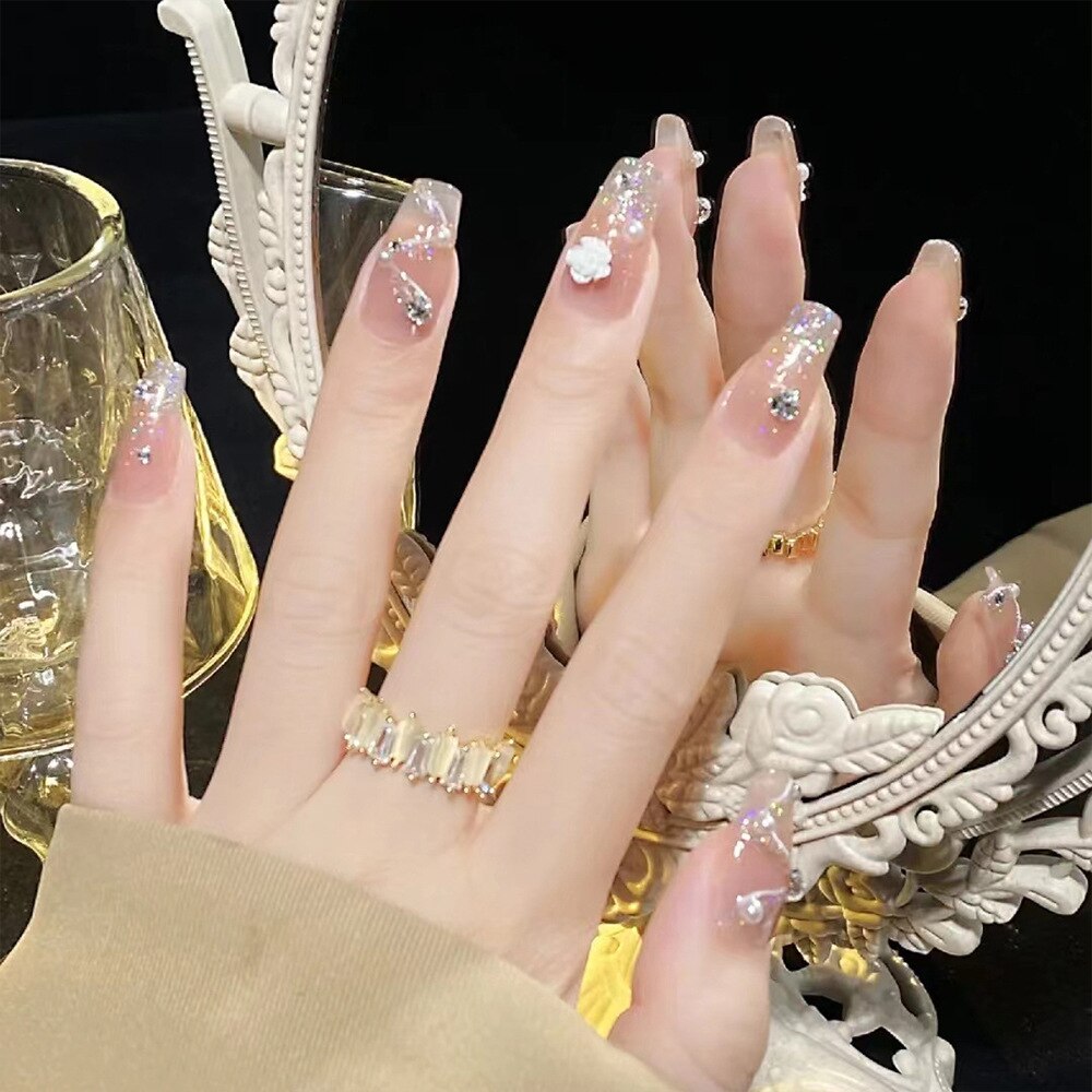 Fake Nails Sets Press on Ballet False Nails with Flower Designs Removable Acrylic Artificial Nails Glitter Nails Art Long Tips 257