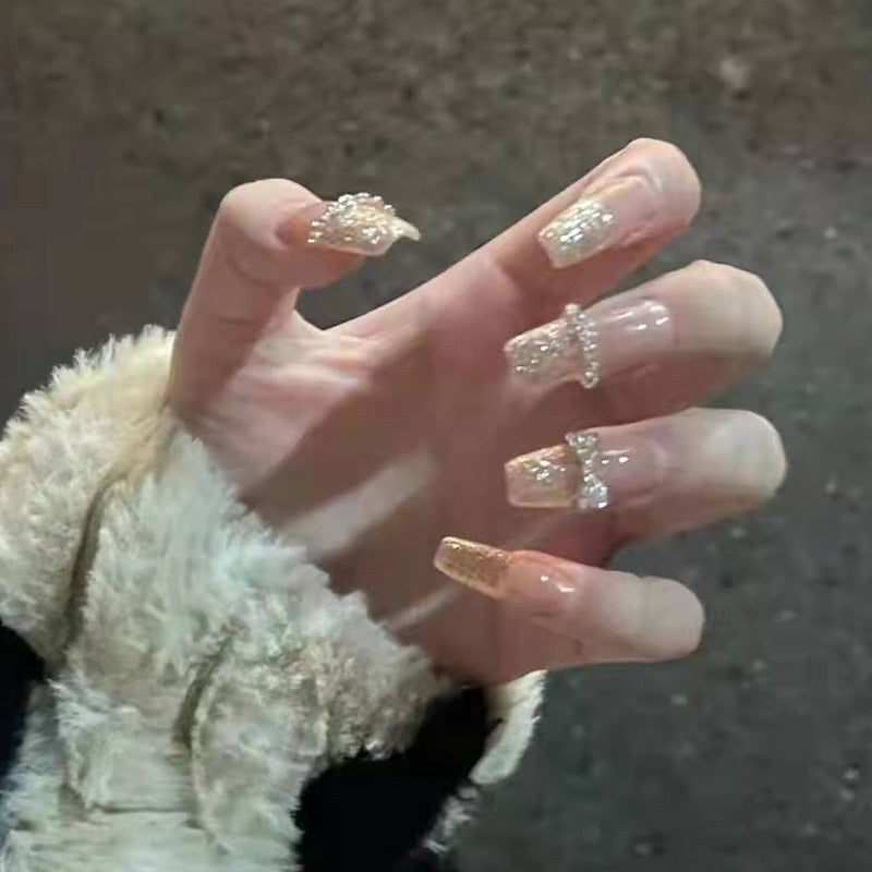 Fake Nails Sets Press on Ballet False Nails with Flower Designs Removable Acrylic Artificial Nails Glitter Nails Art Long Tips 0265
