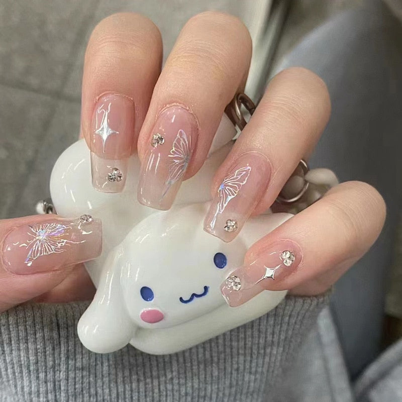 Fake Nails Sets Press on Ballet False Nails with Flower Designs Removable Acrylic Artificial Nails Glitter Nails Art Long Tips 642