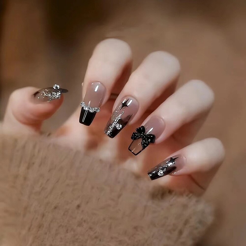 Fake Nails Sets Press on Ballet False Nails with Flower Designs Removable Acrylic Artificial Nails Glitter Nails Art Long Tips 071