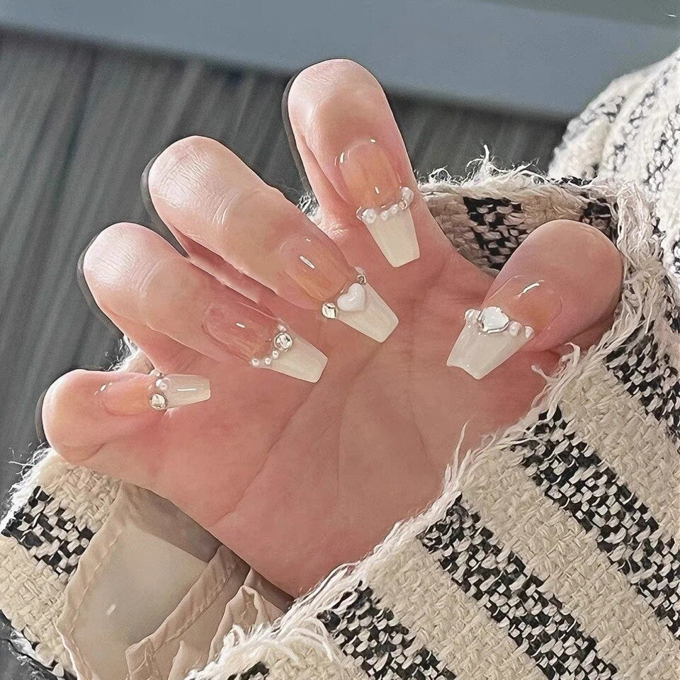 Fake Nails Sets Press on Ballet False Nails with Flower Designs Removable Acrylic Artificial Nails Glitter Nails Art Long Tips 217