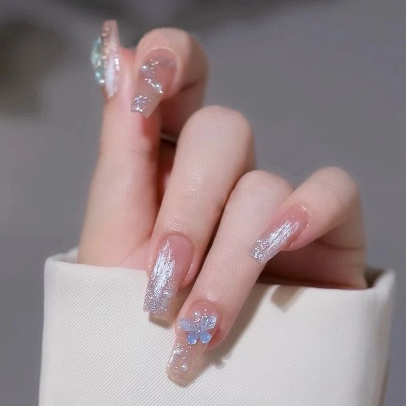 Fake Nails Sets Press on Ballet False Nails with Flower Designs Removable Acrylic Artificial Nails Glitter Nails Art Long Tips 406
