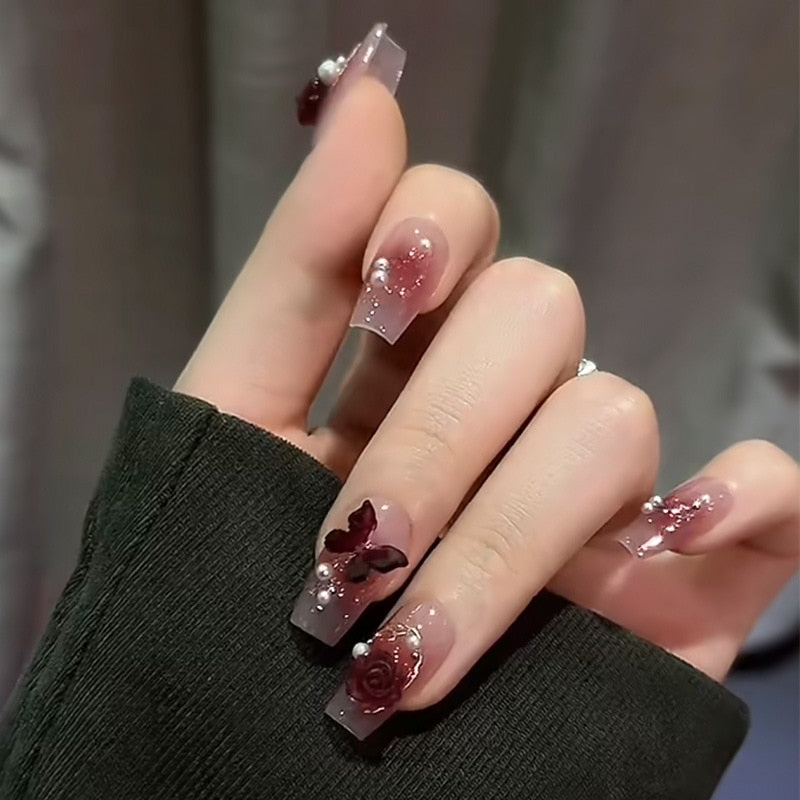 Fake Nails Sets Press on Ballet False Nails with Flower Designs Removable Acrylic Artificial Nails Glitter Nails Art Long Tips 15209