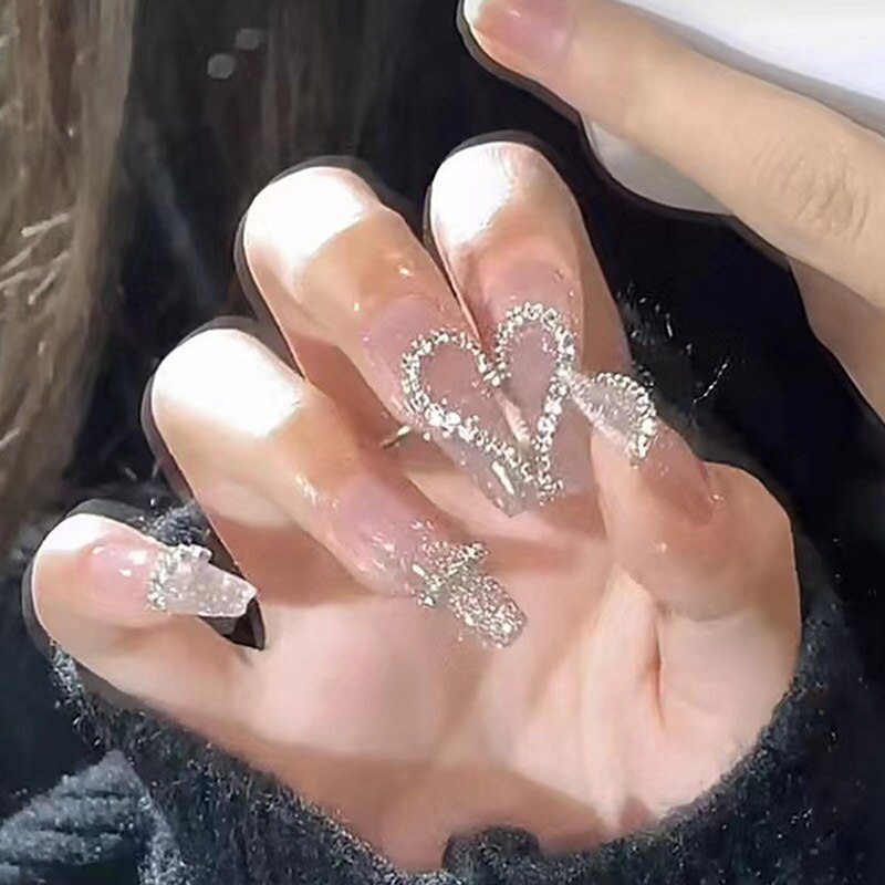 Fake Nails Sets Press on Ballet False Nails with Flower Designs Removable Acrylic Artificial Nails Glitter Nails Art Long Tips 425