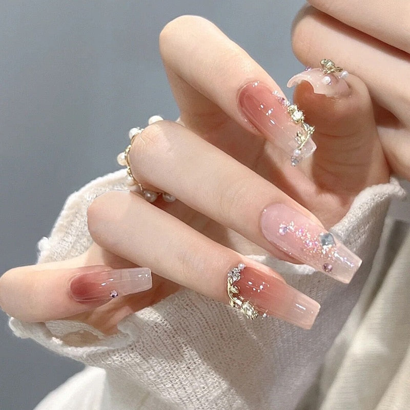 Fake Nails Sets Press on Ballet False Nails with Flower Designs Removable Acrylic Artificial Nails Glitter Nails Art Long Tips 15236