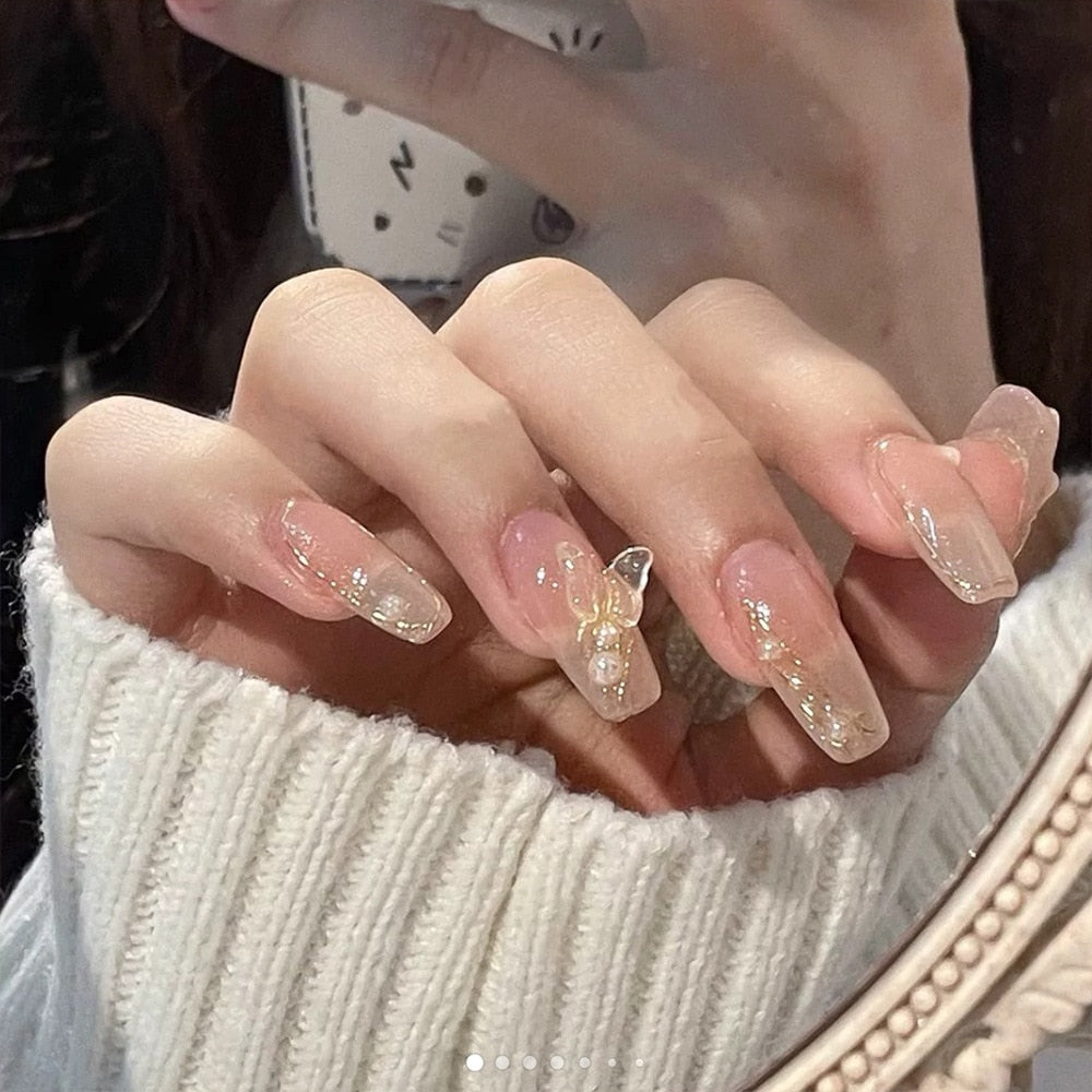 Fake Nails Sets Press on Ballet False Nails with Flower Designs Removable Acrylic Artificial Nails Glitter Nails Art Long Tips 3153