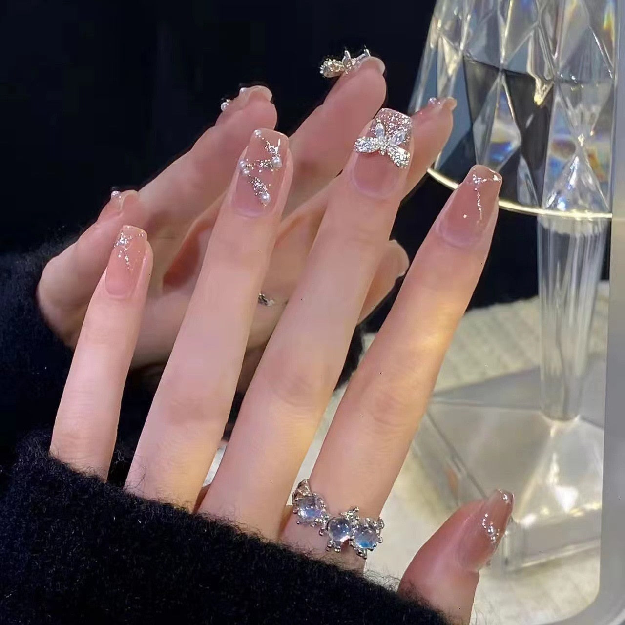 Fake Nails Sets Press on Ballet False Nails with Flower Designs Removable Acrylic Artificial Nails Glitter Nails Art Long Tips 62
