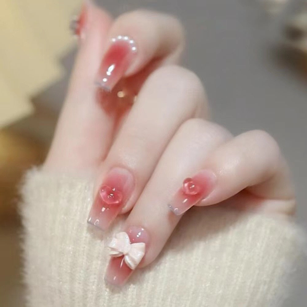 Fake Nails Sets Press on Ballet False Nails with Flower Designs Removable Acrylic Artificial Nails Glitter Nails Art Long Tips Z-07